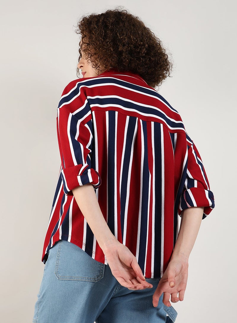 Campus Sutra Women's Crimson Red & Navy Blue Striped Boxy Shirt For Casual Wear | Spread Collar | Long Sleeve | Button Closure | Shirt Crafted With Comfort Fit For Everyday Wear - Image 5
