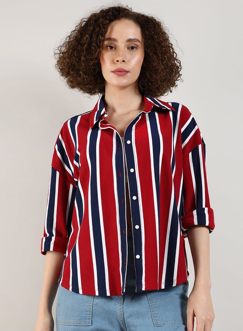 Campus Sutra Women's Crimson Red & Navy Blue Striped Boxy Shirt For Casual Wear | Spread Collar | Long Sleeve | Button Closure | Shirt Crafted With Comfort Fit For Everyday Wear - Image 1