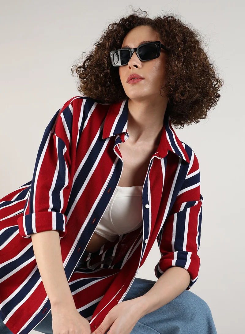 كامبوس سوترا Women's Crimson Red & Navy Blue Striped Boxy Shirt For Casual Wear | Spread Collar | Long Sleeve | Button Closure | Shirt Crafted With Comfort Fit For Everyday Wear