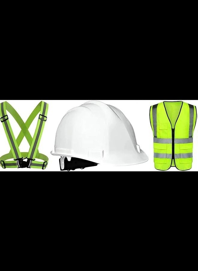 ABBASALI Green Adjustable Reflective Vest Belt For Safety With High Visibility For Cycling Jogging,Construction Site Ports Traffic Controls With Safety White Helmet & Safety Jacket  - Image 1