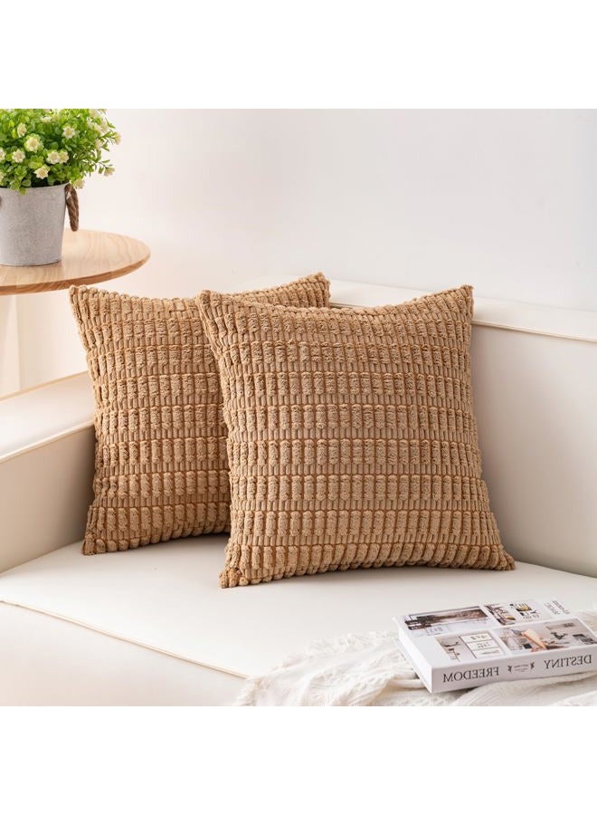 Aegero Pack of 2 Corduroy Decorative Throw Pillow Covers 16x16 Inch Soft Striped Pillow Covers Modern Farmhouse Home Decor for Sofa Living Room Couch Bed（Coffee） - Image 1