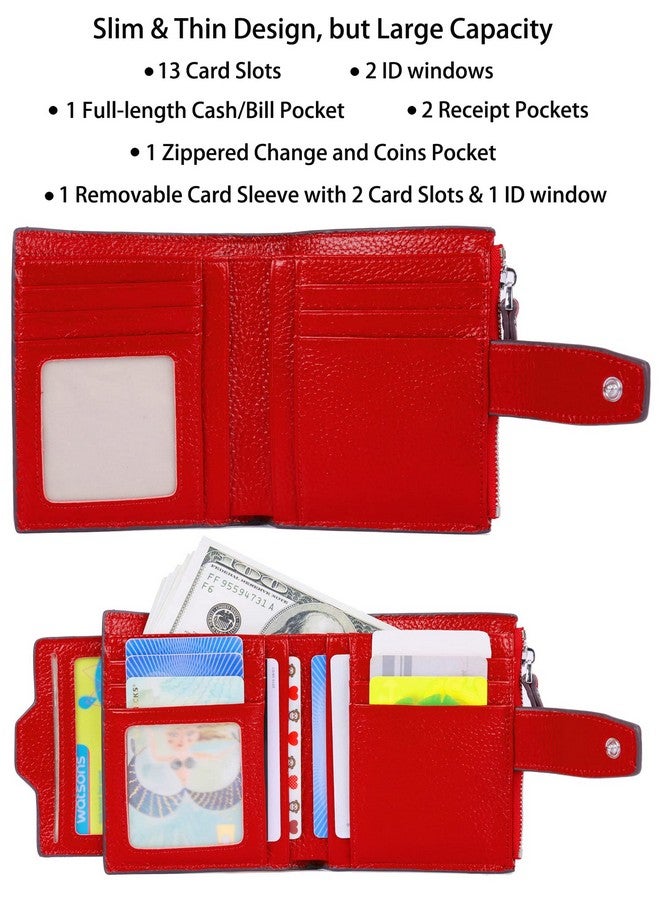 AINIMOER Women'S Rfid Blocking Leather Small Compact Bifold Zipper Pocket Wallet Card Case Purse With Id Window (Lichee Red) - Image 2