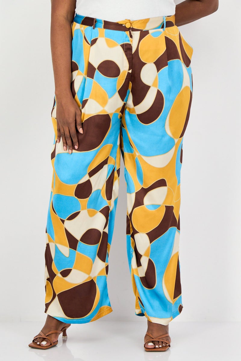 Neon Rose Women Plus Size All Over Print Wide Leg Pants, Multicolor - Image 1