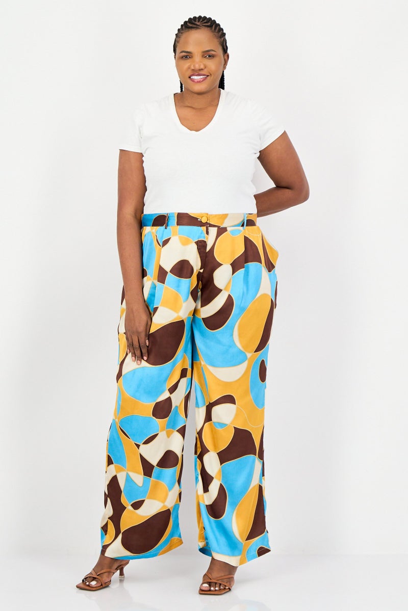 Neon Rose Women Plus Size All Over Print Wide Leg Pants, Multicolor - Image 2