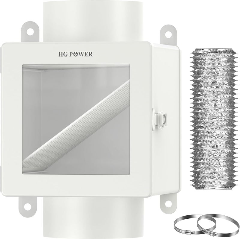 HG Power Metal Dryer Duct Lint Trap, Indoor Dryer Vent Kit, Indoor Dryer Vent for Electric Dryer, Dryer Lint Catcher for Dryer, Inline Dryer Lint Trap Box, 4" Dryer Vent Hose, 2 Hose Clamps - Image 2