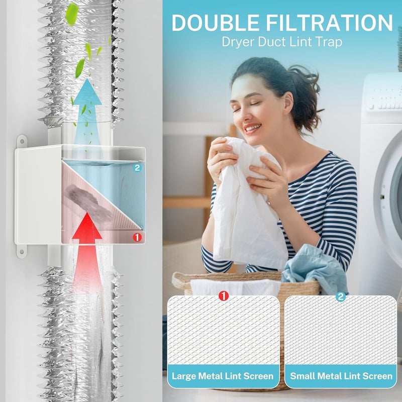 HG Power Metal Dryer Duct Lint Trap, Indoor Dryer Vent Kit, Indoor Dryer Vent for Electric Dryer, Dryer Lint Catcher for Dryer, Inline Dryer Lint Trap Box, 4" Dryer Vent Hose, 2 Hose Clamps - Image 3