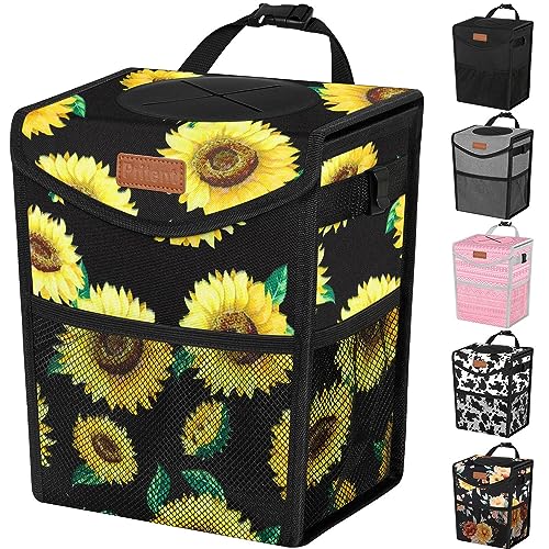 Pritent Car Trash Can with Lid Cute Leakproof Car Trash Garbage Bag Hanging Vehicle Trash Bin Small Portable Automotive Garbage Cans Organizer for BackFront SeatConsoleTrapezoidSunflower - Image 1