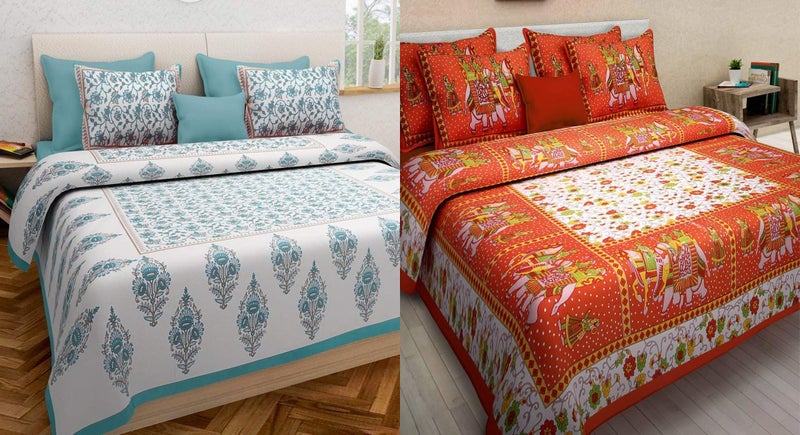ART WORLD Queen Size Double Bed Sheet with Pillow Covers Pure Cotton Rajasthani Jaipuri Traditional Printed Bedcover Set of 2 (Orange and Sea Green) - Image 1