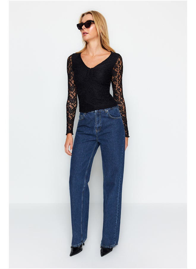 trendyol - Black Slim Fit Knitted Blouse with Ruffle Detailed and Ruched TWOAW24BZ00391. - Image 1