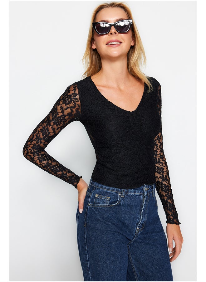 trendyol - Black Slim Fit Knitted Blouse with Ruffle Detailed and Ruched TWOAW24BZ00391. - Image 1