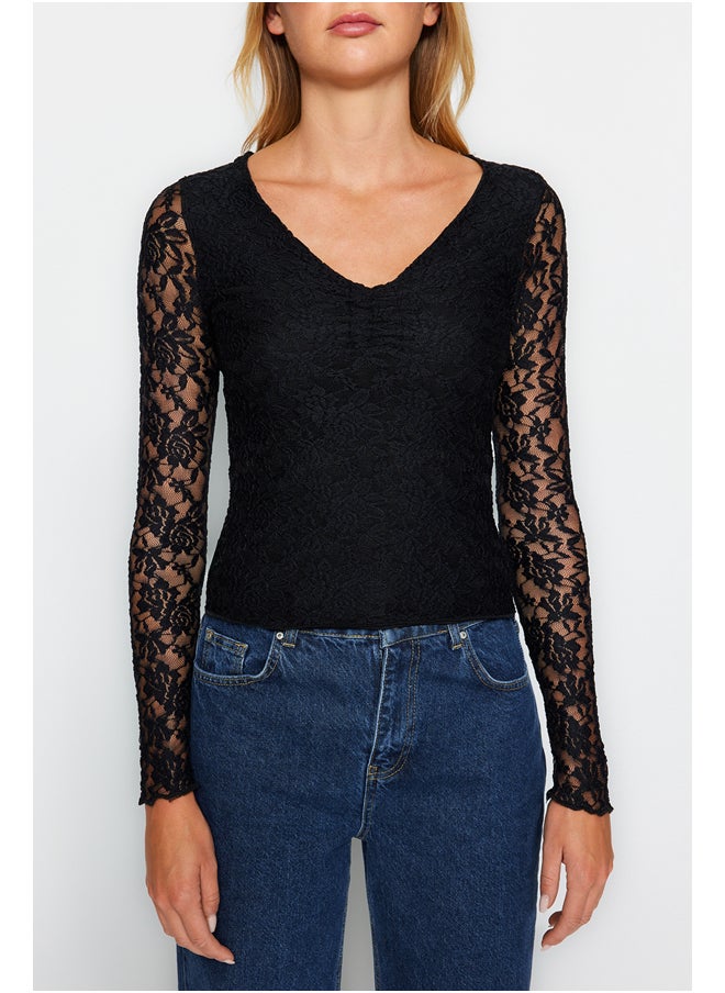 trendyol - Black Slim Fit Knitted Blouse with Ruffle Detailed and Ruched TWOAW24BZ00391. - Image 1