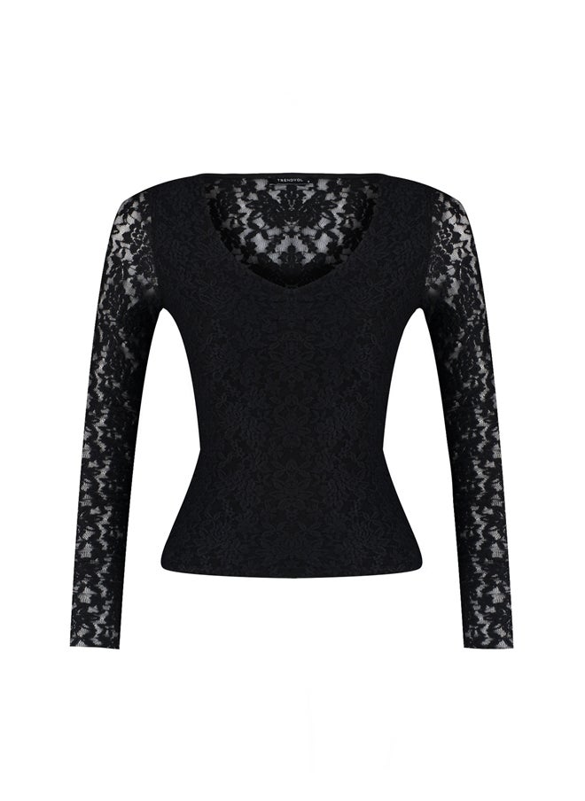 trendyol - Black Slim Fit Knitted Blouse with Ruffle Detailed and Ruched TWOAW24BZ00391. - Image 1