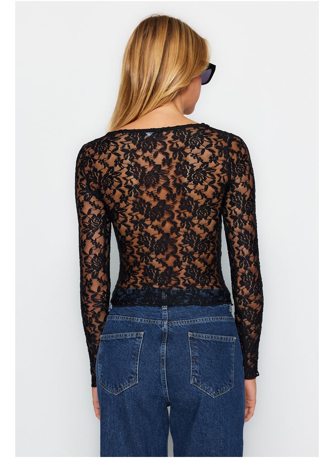 trendyol - Black Slim Fit Knitted Blouse with Ruffle Detailed and Ruched TWOAW24BZ00391. - Image 1