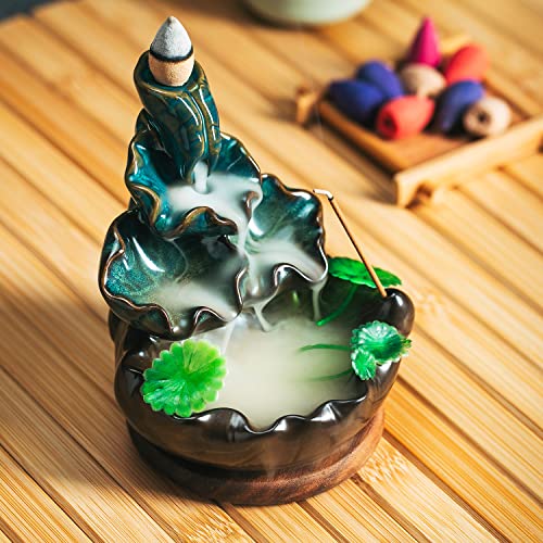 VVMONE Cute Ceramic Backflow Incense Holder Waterfall Incense Burner with 48 Incense Cones and 30 Incense Stick, Incense Fountain for Home Decor, Desk Decor(Cyan) - Image 4