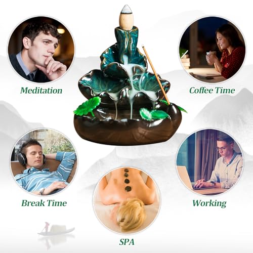 VVMONE Cute Ceramic Backflow Incense Holder Waterfall Incense Burner with 48 Incense Cones and 30 Incense Stick, Incense Fountain for Home Decor, Desk Decor(Cyan) - Image 3