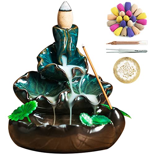 VVMONE Cute Ceramic Backflow Incense Holder Waterfall Incense Burner with 48 Incense Cones and 30 Incense Stick, Incense Fountain for Home Decor, Desk Decor(Cyan) - Image 1
