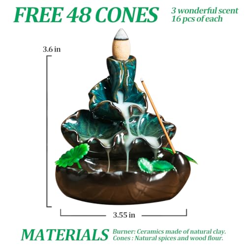 VVMONE Cute Ceramic Backflow Incense Holder Waterfall Incense Burner with 48 Incense Cones and 30 Incense Stick, Incense Fountain for Home Decor, Desk Decor(Cyan) - Image 2