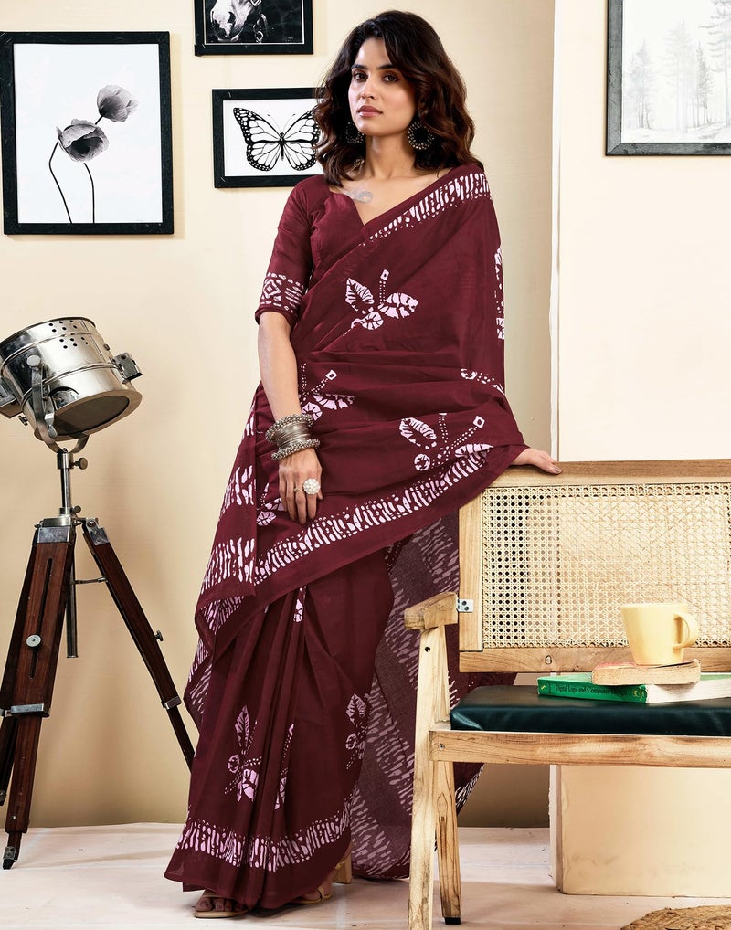 SIRIL Women's Pure Cotton Printed Ready to Wear Pocket Saree with Unstitched blouse Piece (39RS142_Maroon) - Image 3