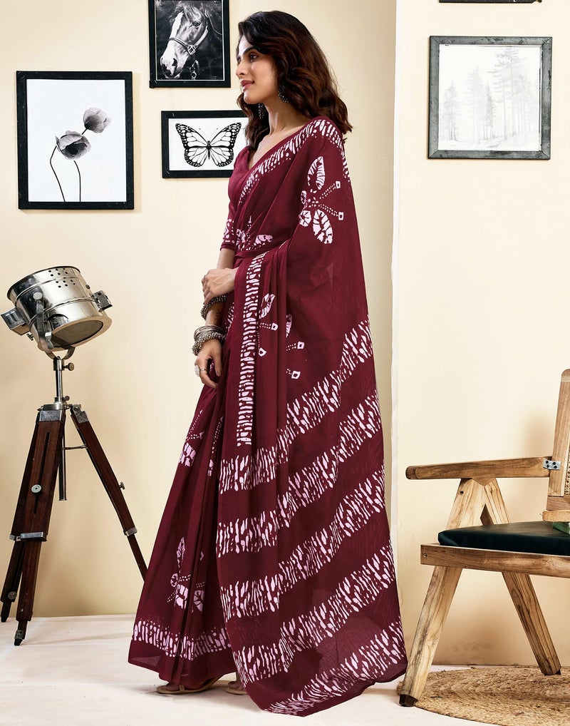 SIRIL Women's Pure Cotton Printed Ready to Wear Pocket Saree with Unstitched blouse Piece (39RS142_Maroon) - Image 2