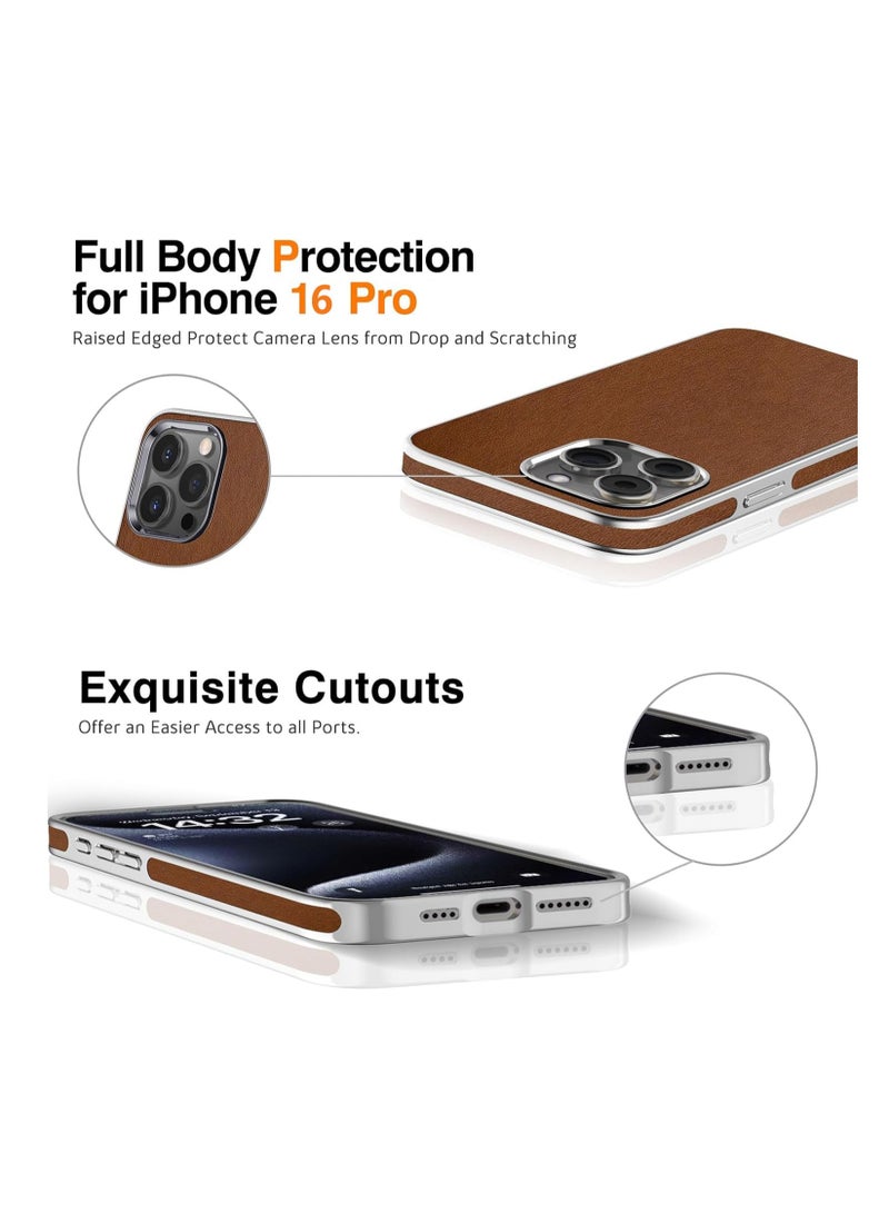 جراب جلدي لهاتف iPhone 16 Pro، جراب أنيق كلاسيكي فاخر من جلد البولي يوريثان للرجال، جراب ناعم غير قابل للانزلاق لهاتف iPhone 16 Pro (بني)