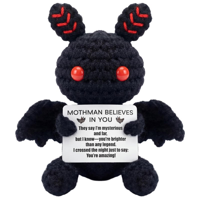 VercanMonth Mothman Crochet Animal with Positive Message Valentine Teacher Emotional Gift Toy Support Gift Handmade Crochet Mothman Doll Positive Birthday Gifts for Women Inspirational Home Desk Decor - Image 1