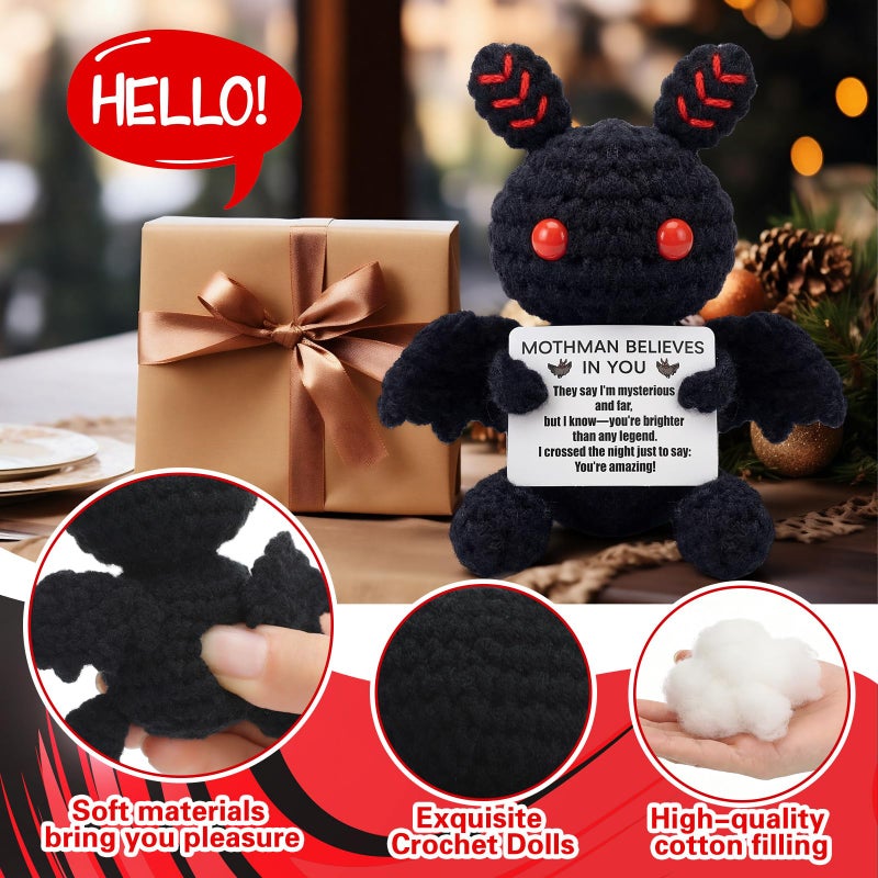 VercanMonth Mothman Crochet Animal with Positive Message Valentine Teacher Emotional Gift Toy Support Gift Handmade Crochet Mothman Doll Positive Birthday Gifts for Women Inspirational Home Desk Decor - Image 3