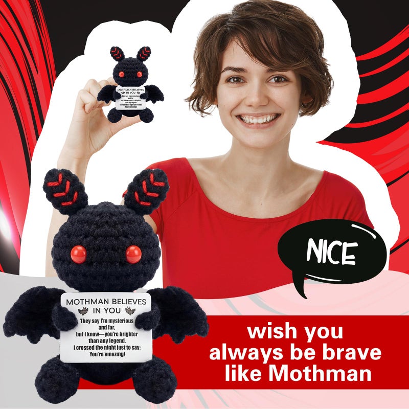 VercanMonth Mothman Crochet Animal with Positive Message Valentine Teacher Emotional Gift Toy Support Gift Handmade Crochet Mothman Doll Positive Birthday Gifts for Women Inspirational Home Desk Decor - Image 4