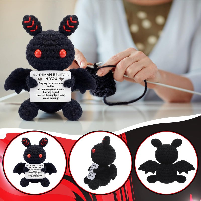 VercanMonth Mothman Crochet Animal with Positive Message Valentine Teacher Emotional Gift Toy Support Gift Handmade Crochet Mothman Doll Positive Birthday Gifts for Women Inspirational Home Desk Decor - Image 5
