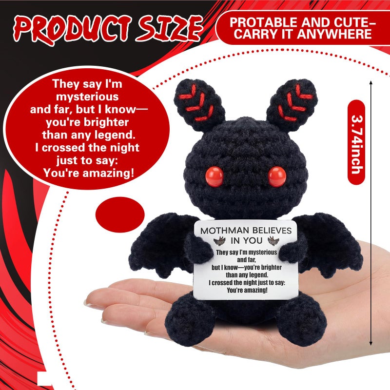VercanMonth Mothman Crochet Animal with Positive Message Valentine Teacher Emotional Gift Toy Support Gift Handmade Crochet Mothman Doll Positive Birthday Gifts for Women Inspirational Home Desk Decor - Image 2