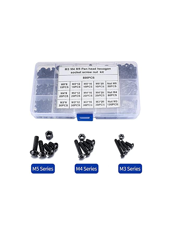 PROMASS promass 500 Pcs Nuts and Bolts Assorted Set, Black Hex Socket Head Cap Screws Bolts and Nuts Kit, M3/M4/M5 Thread Fastener Machine Hex Bolts and Nuts Assortment Kit with Box  - Image 3