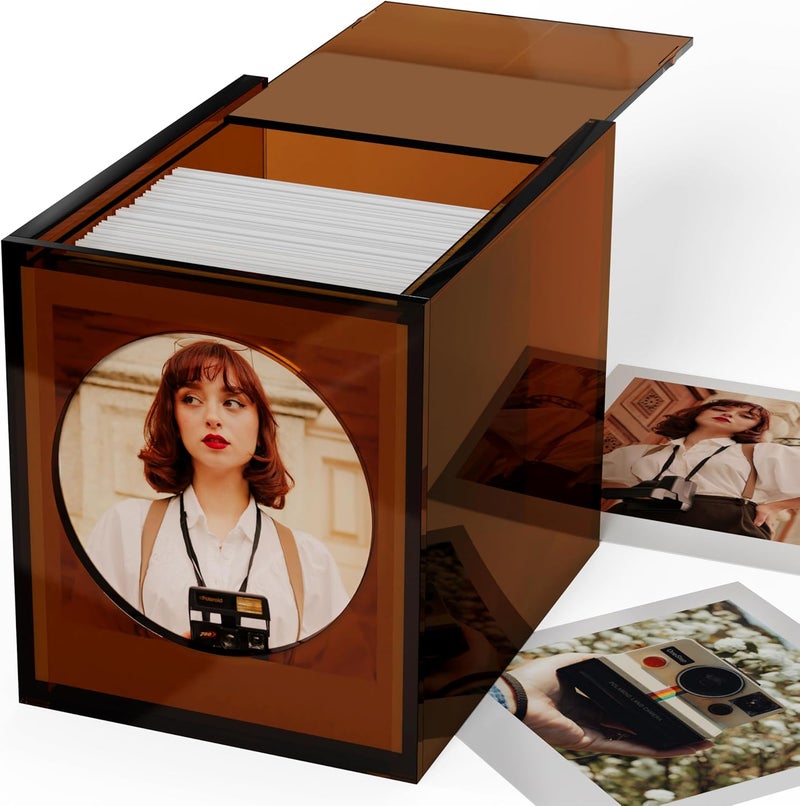 WINKINE Vintage Amber Acrylic Polaroid Film Storage Box & Frame, 4.2”x3.5”, Holds 60-80+ Polaroid i-Type/600/SX-70 Film, Stackable, Sliding Lid - Image 1
