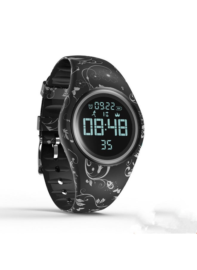 Generic Sports Pedometer Female Students Korean Simple Trend Ulzzang High School Students Watch Men's Children's Waterproof Electronic Watch-Color:Flowers And Plants Black  - Image 1