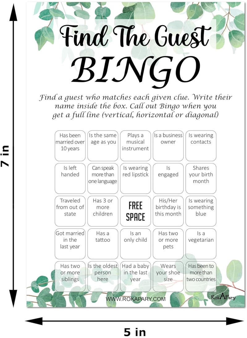 RokAPary RokAPary Eucalyptus Theme Find The Guest Bingo Game Wedding Bridal Shower Bachelorette or Engagement Party Game Event Activities Play Pack of 50 Cards 5x7 Made in USA  - Image 3