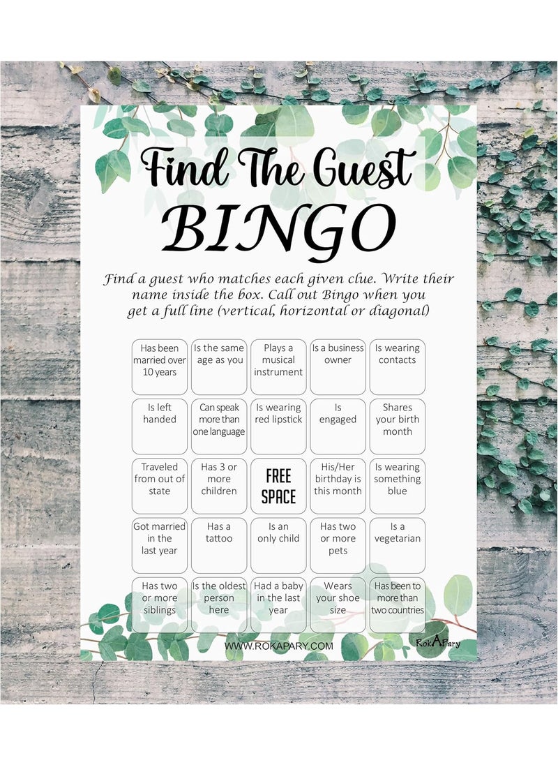 RokAPary RokAPary Eucalyptus Theme Find The Guest Bingo Game Wedding Bridal Shower Bachelorette or Engagement Party Game Event Activities Play Pack of 50 Cards 5x7 Made in USA  - Image 2