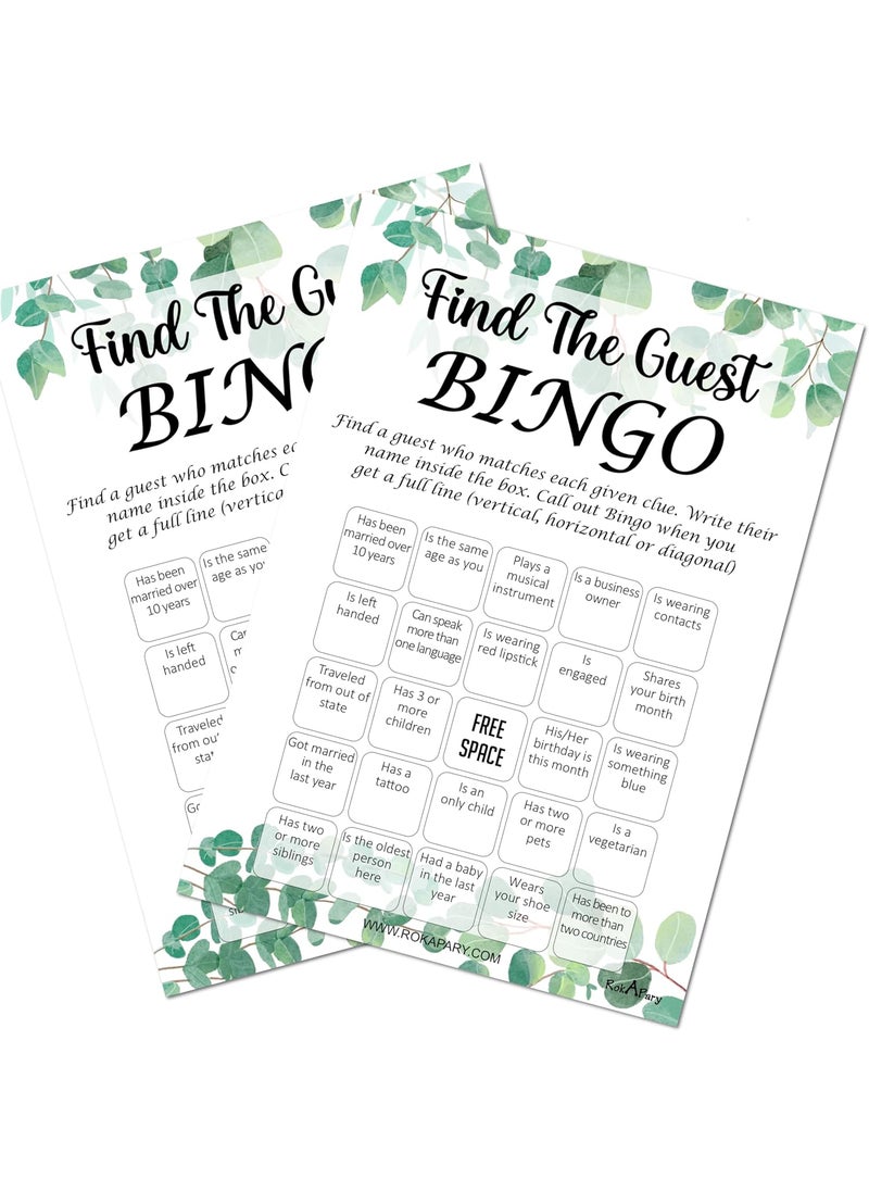 RokAPary RokAPary Eucalyptus Theme Find The Guest Bingo Game Wedding Bridal Shower Bachelorette or Engagement Party Game Event Activities Play Pack of 50 Cards 5x7 Made in USA  - Image 1