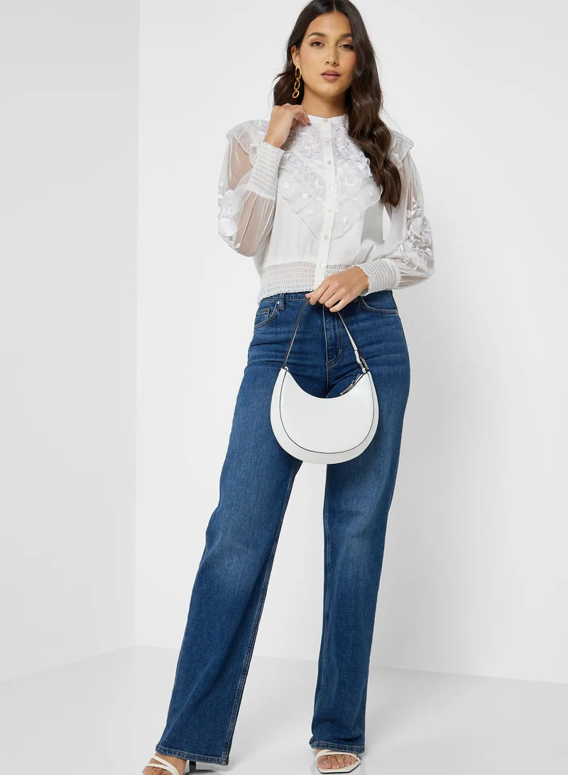 French Connection Balloon Sleeve Button Detail Top