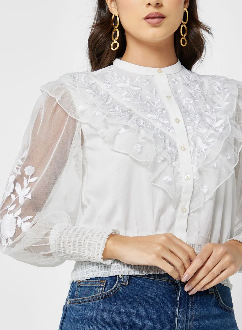 French Connection Balloon Sleeve Button Detail Top