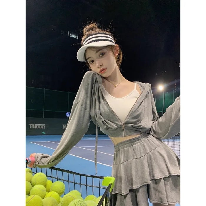 Korean Style Elegant Long Sleeve Coat High Waist Short Skirt 2025 Early Autumn Fashion New Western Style Sports Casual Set Gray suit - Image 1