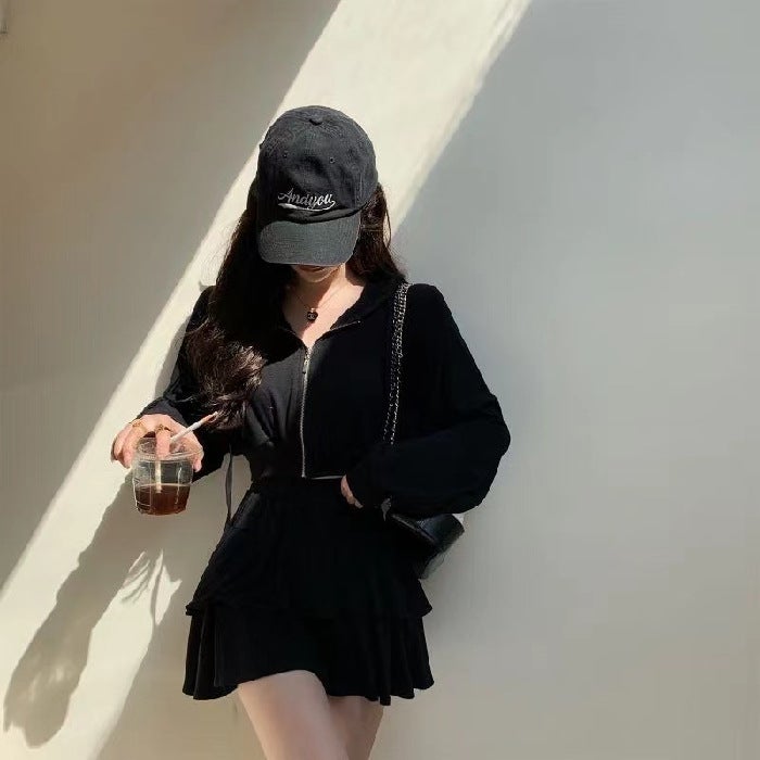 Korean Style Elegant Long Sleeve Coat High Waist Short Skirt 2025 Early Autumn Fashion New Western Style Sports Casual Set Gray suit - Image 2