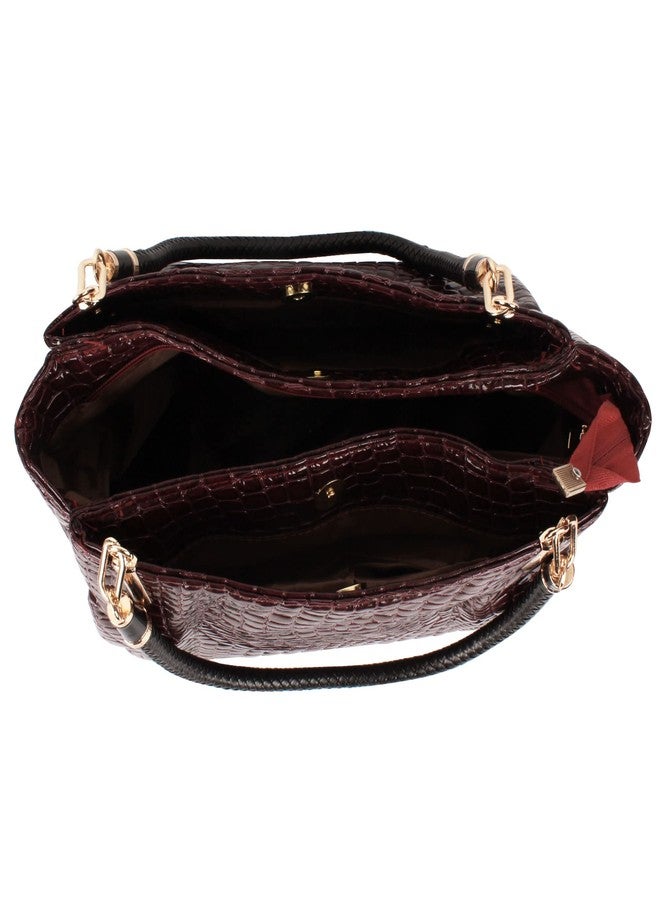Monique Women Large Alligator Pattern Faux Leather Top-handle Bag Evening Party Handbag Travel Tote Crocodile Dark Red - Image 4