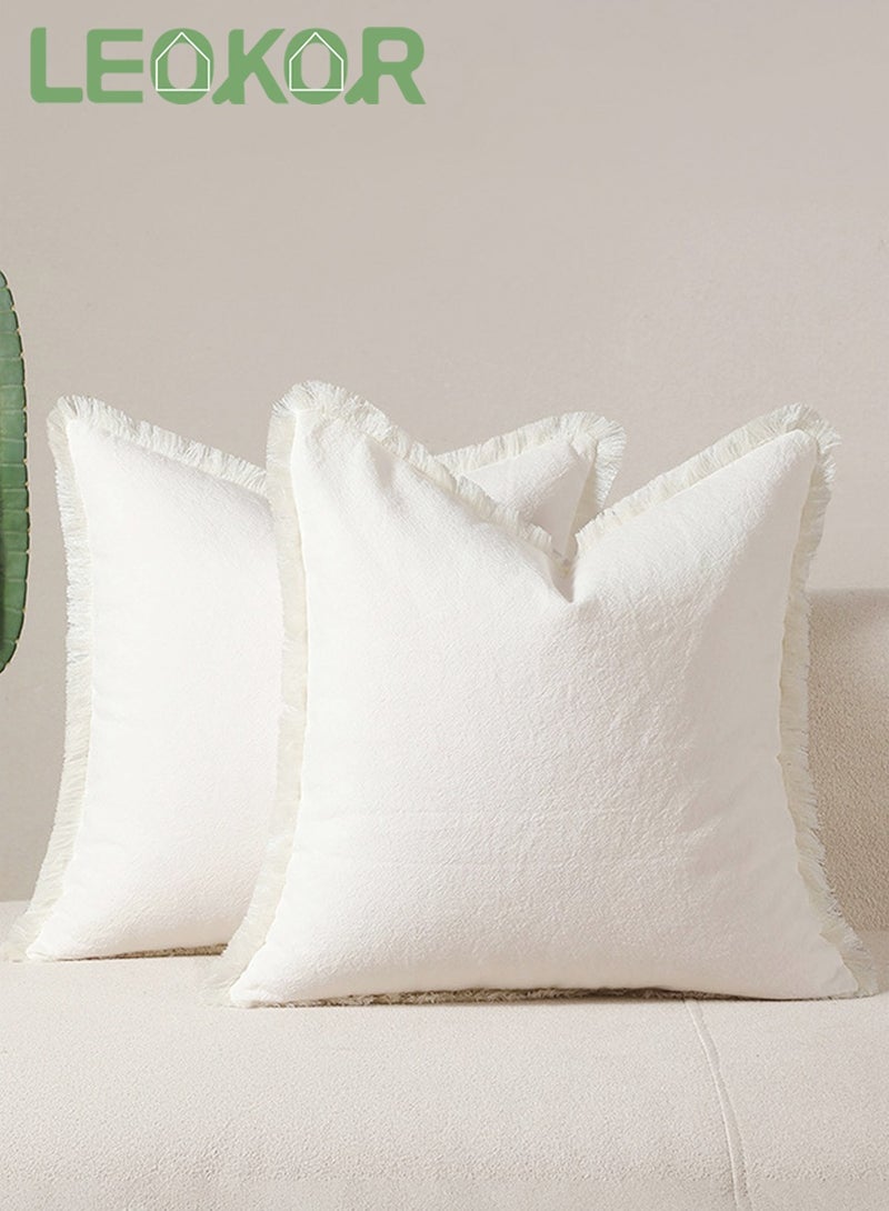 LEOKOR Set of 2 Cushion Case, 45*45CM Decorative Linen Fringe Throw Pillow Covers, Cozy Boho Farmhouse Cushion Cover with Tassels, Soft Pillowcase for Chair Couch Sofa Bed Bedroom Home Decor, White - Image 1