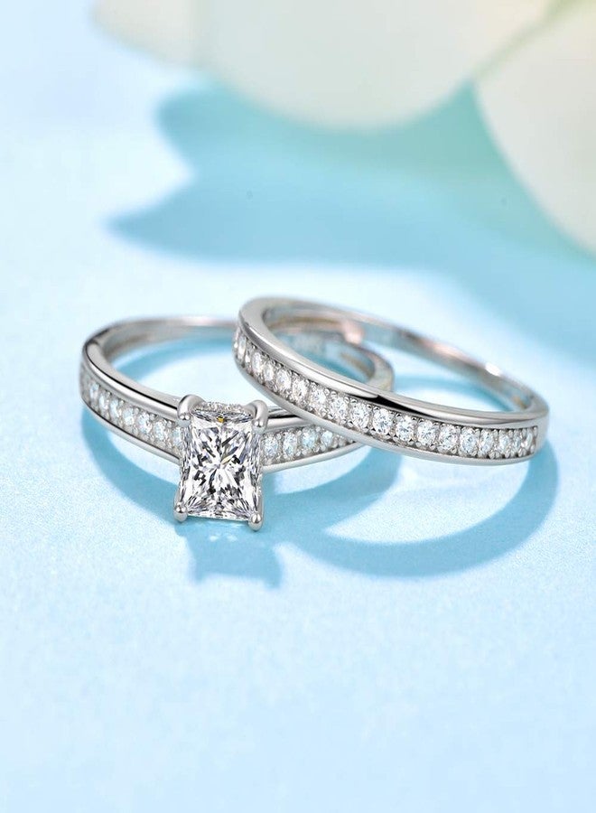AVECON Sterling Silver 1.35ct Princess Cut White CZ Wedding Bands Engagement Ring Bridal Set with Cubic Zirconia Silver - Image 4