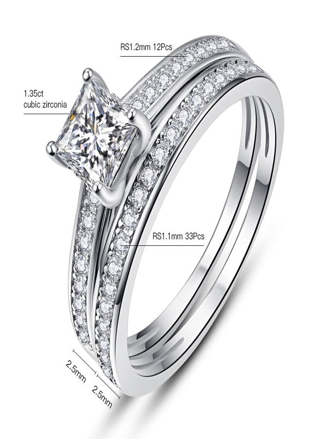 AVECON Sterling Silver 1.35ct Princess Cut White CZ Wedding Bands Engagement Ring Bridal Set with Cubic Zirconia Silver - Image 5