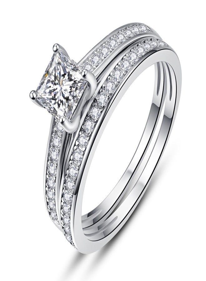 AVECON Sterling Silver 1.35ct Princess Cut White CZ Wedding Bands Engagement Ring Bridal Set with Cubic Zirconia Silver - Image 1