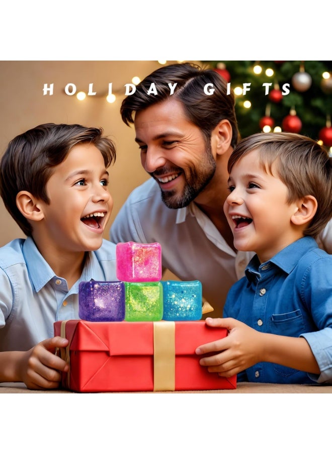 squishy 4Pack Glitter Nice Square Stress Cube, Colorful Ice Cube Stress Balls for Adults - Gel Ice Cubes Squishy’s Gifts for Kids - Relieve Anxiety/Autism/ADD/ADHD (Blue Pink Purple Orange) - Image 2