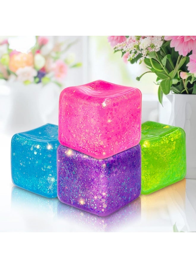 squishy 4Pack Glitter Nice Square Stress Cube, Colorful Ice Cube Stress Balls for Adults - Gel Ice Cubes Squishy’s Gifts for Kids - Relieve Anxiety/Autism/ADD/ADHD (Blue Pink Purple Orange) - Image 1