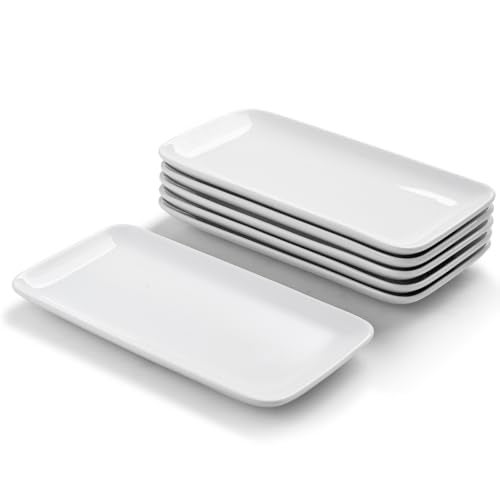 WishDeco Small Rectangle Plates Set of 6, White Serving Platters 9 inch, Ceramic Sushi Plates, Serving Plate for Appetizer, Dessert, Party, Microwave Safe - Image 1