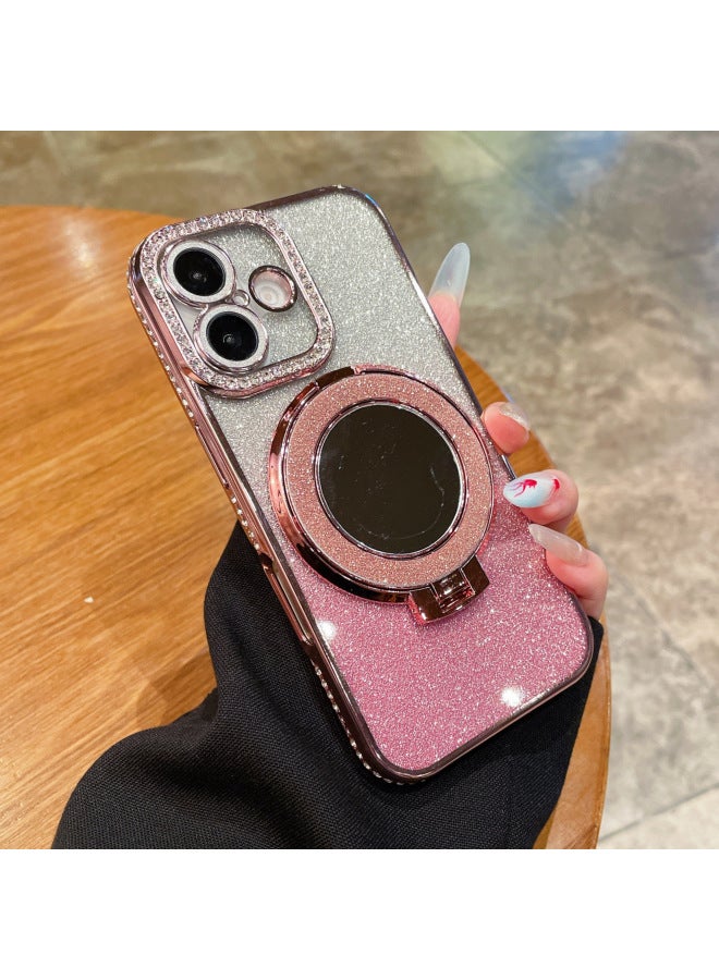 Suitable For Iphone 17 Pro Phone Case With Glitter Edge, Makeup Mirror, Magnetic Stand, Apple 16/15 Electroplated Soft Case