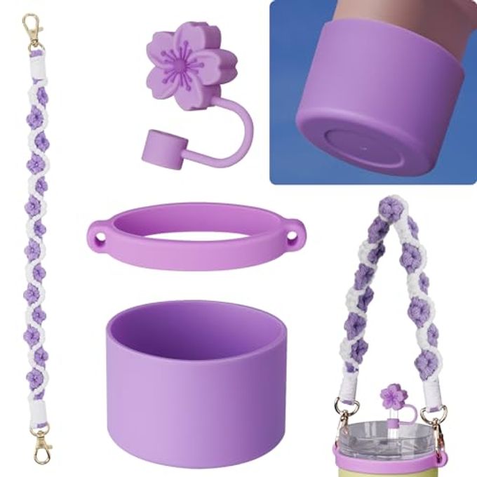 NiHome Accessory Kit for 14oz Stanley Tumbler, Includes Handwoven Handle Strap, Silicone Ring, Silicone Straw Cap and Silicone Boot for Everyday Use, Stylish Design with Enhanced Security (Purple)