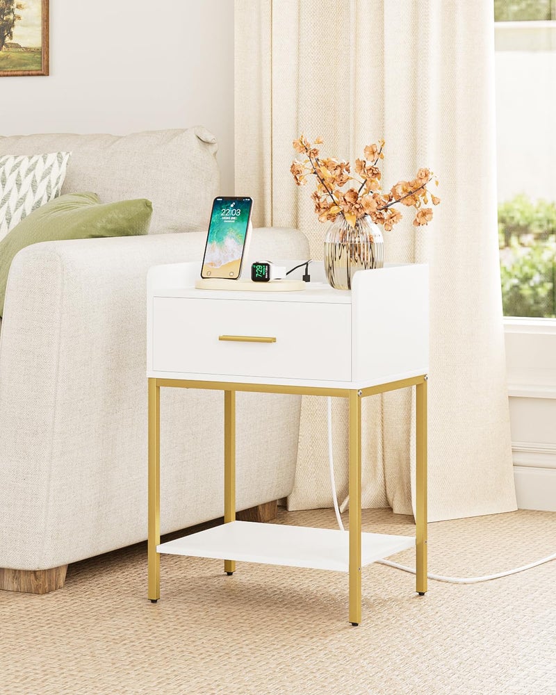 AEPOALUA Nightstand with Charging Station, Modern Bedside Table with Drawer and Legs,White and Gold Night Stand with Open Shelf, Narrow Side Table for Bedroom, Living Room - Image 5